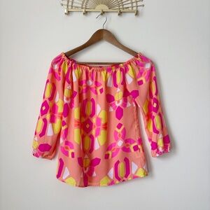 Britt Ryan Off Shoulder Blouse XS Geometric Print Orange Pink